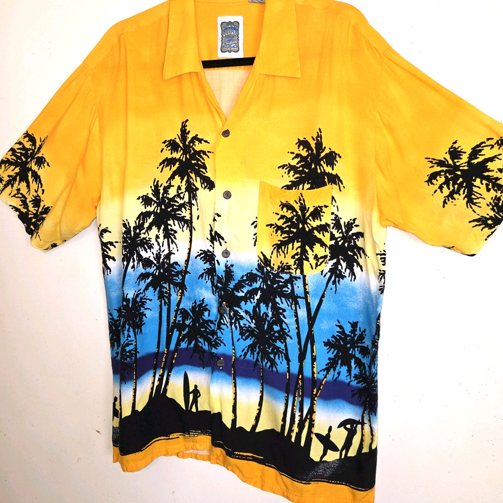 Ocean Current Vintage Mens Shirt Sz L Tropical Surfers Palm Trees Surfing Hawaii - Picture 2 of 16